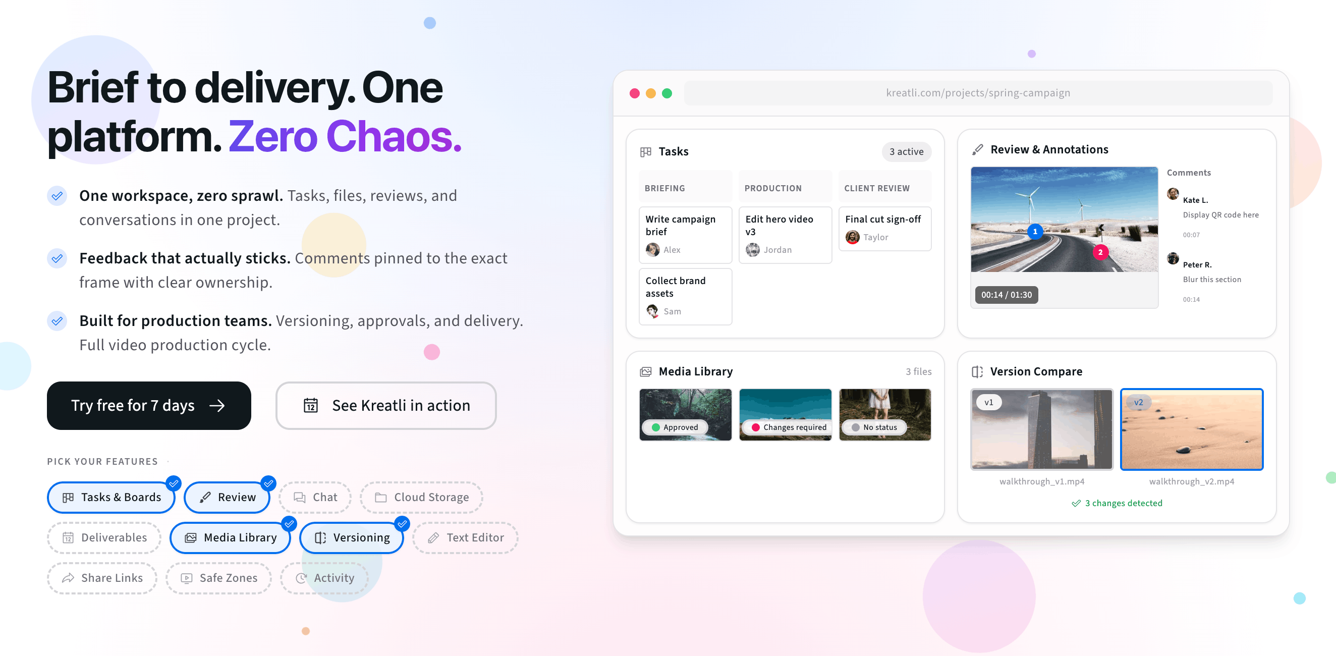 Kreatli platform: tasks, video review with frame pins, media library, and version compare