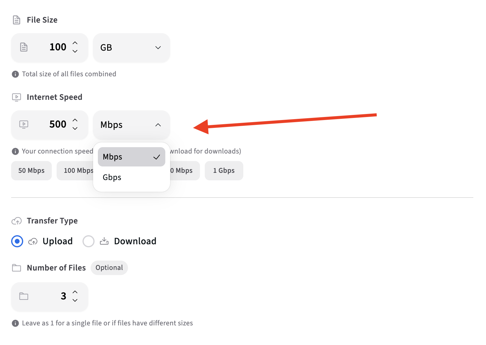 Data transfer calculator showing internet speed input field in Mbps for calculating file upload and download duration