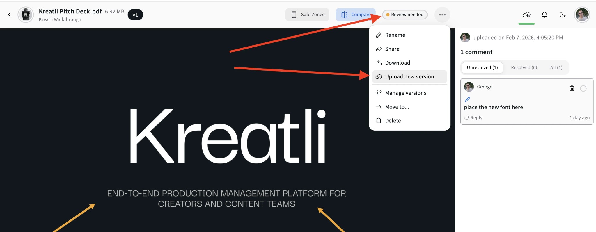 Picture viewer with Compare, Share, and version options in Kreatli