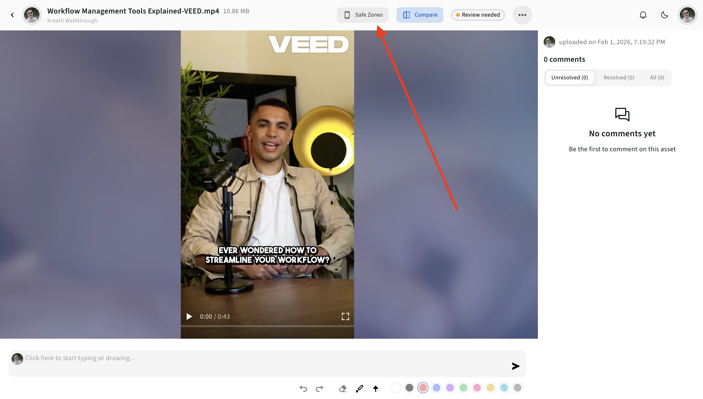 Kreatli in-platform safe zone checker with overlay turned on, showing TikTok UI element placement
