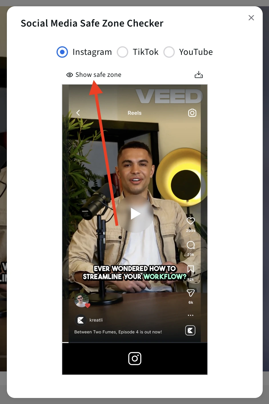 Kreatli safe zone checker with platform overlay toggled on or off for TikTok