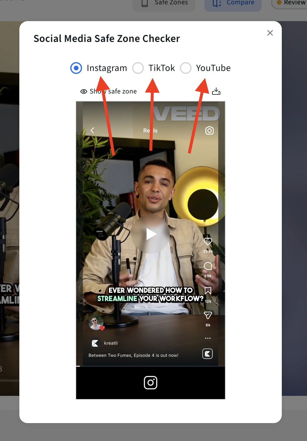 Kreatli safe zone checker with platform selector and TikTok overlay preview