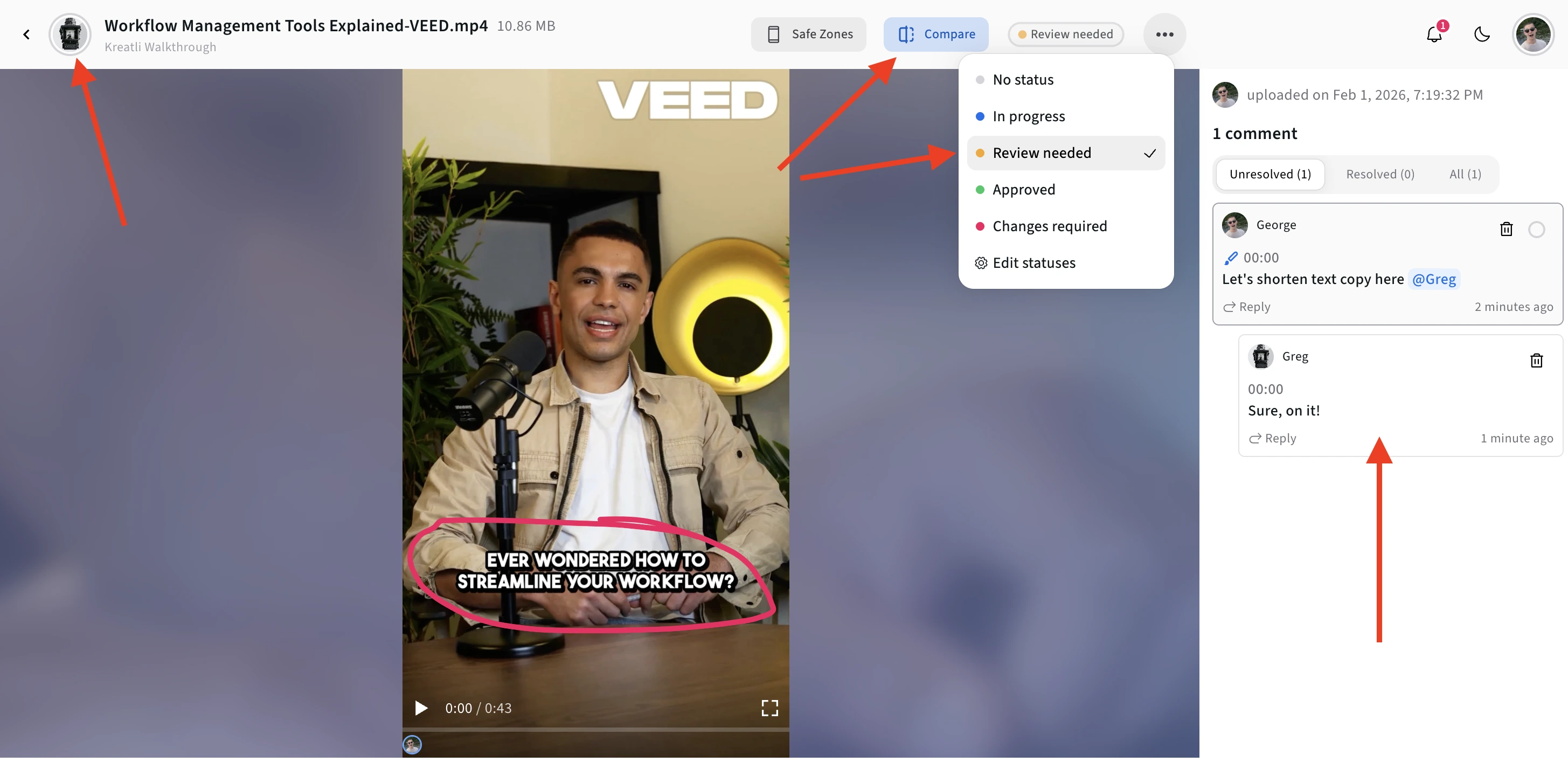 Kreatli platform showing share, export, and download options for TikTok content with safe zone validation complete