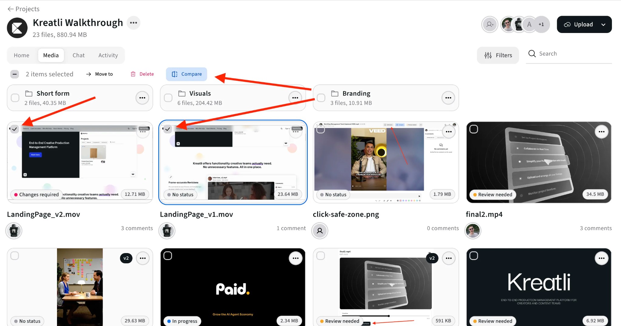 Select two videos in Media view and click Compare in Kreatli