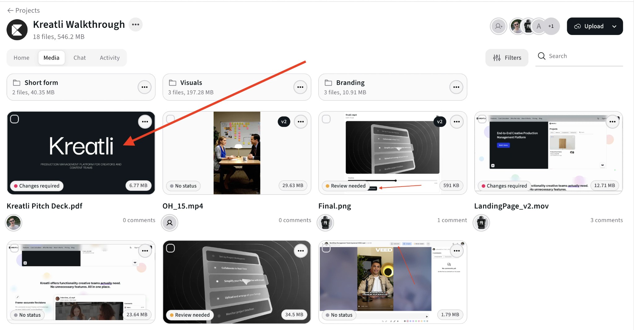 Kreatli Media view with document in project, open in review
