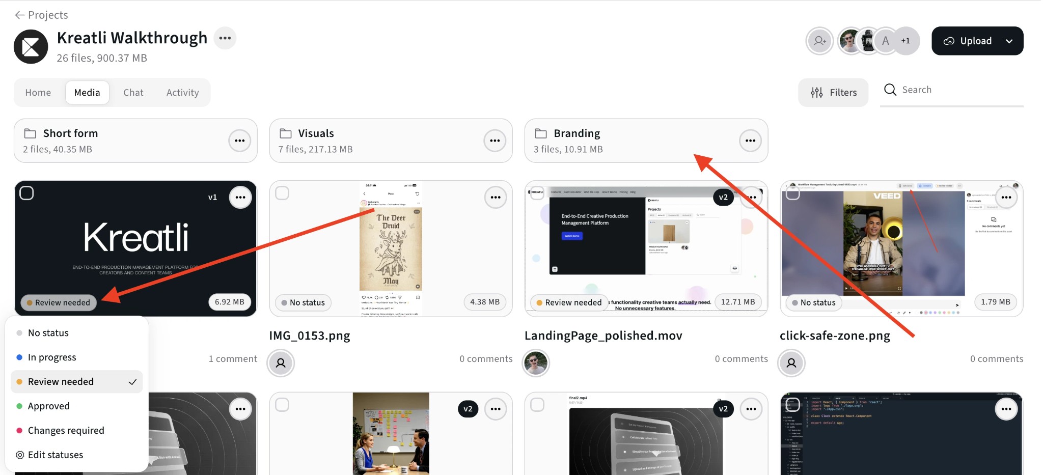 Organized hosted video folders and status labels in Kreatli