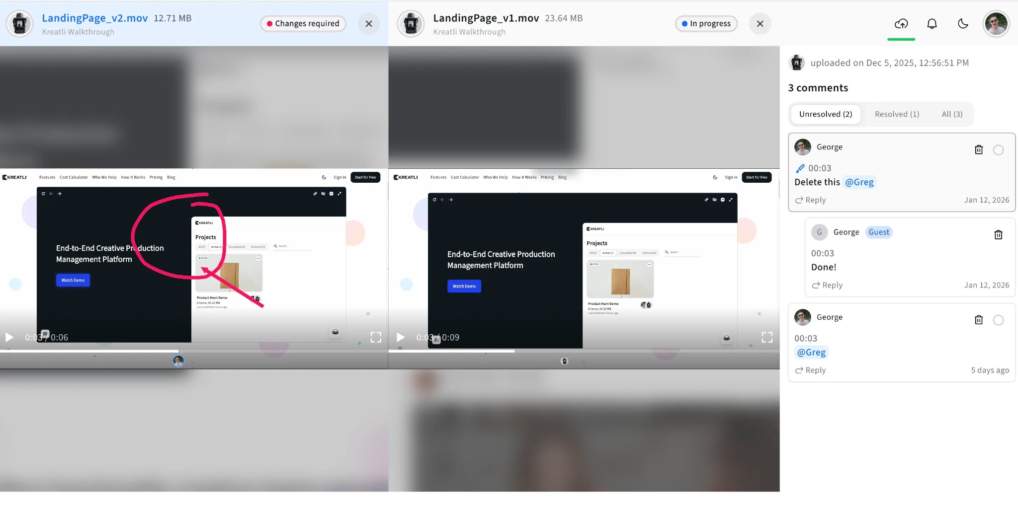 Compare videos side by side with synced timelines and feedback in Kreatli