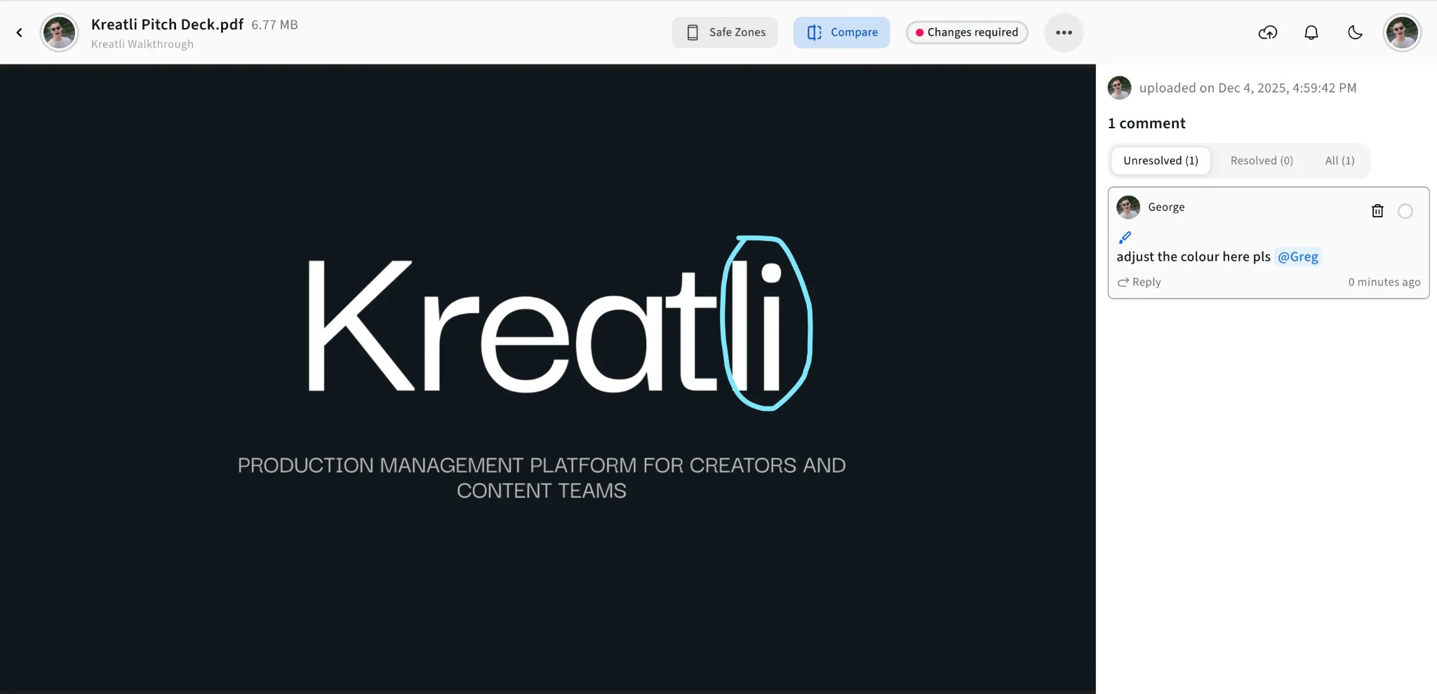 Feedback and annotations on document in Kreatli