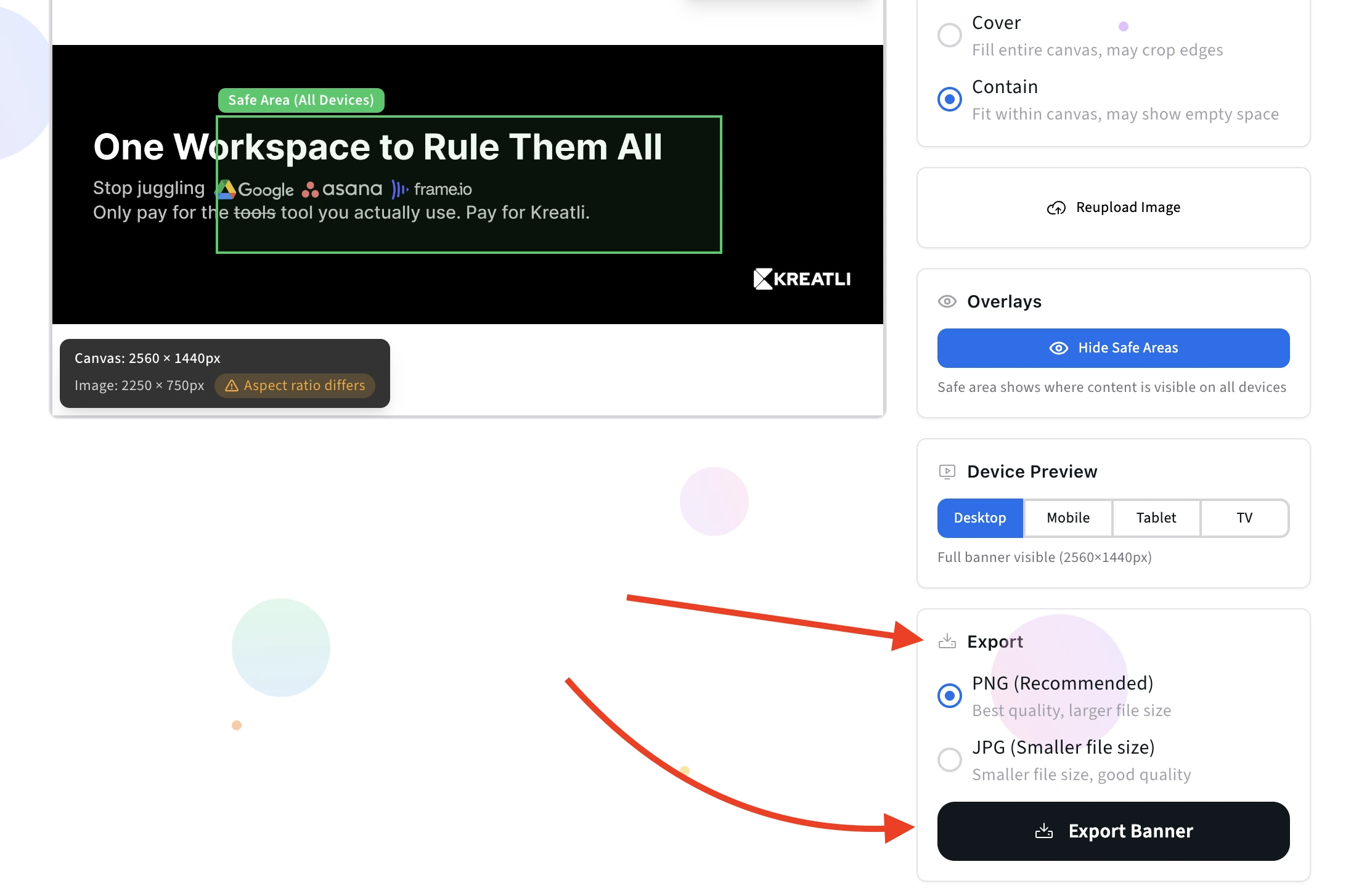 Export YouTube banner button showing download option for 2560x1440px optimized channel art ready for upload